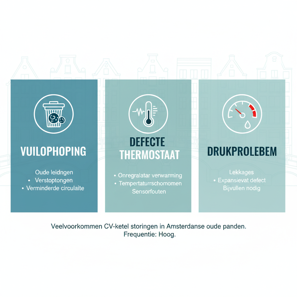 Infographic met veelvoorkomende oorzaken en symptomen van CV-ketel storingen voor Amsterdamse huishoudens