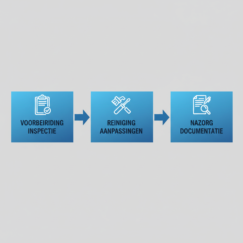 Horizontaal procesdiagram met drie fasen voor CV ketel onderhoud: voorbereiding, reiniging en nazorg met iconen.