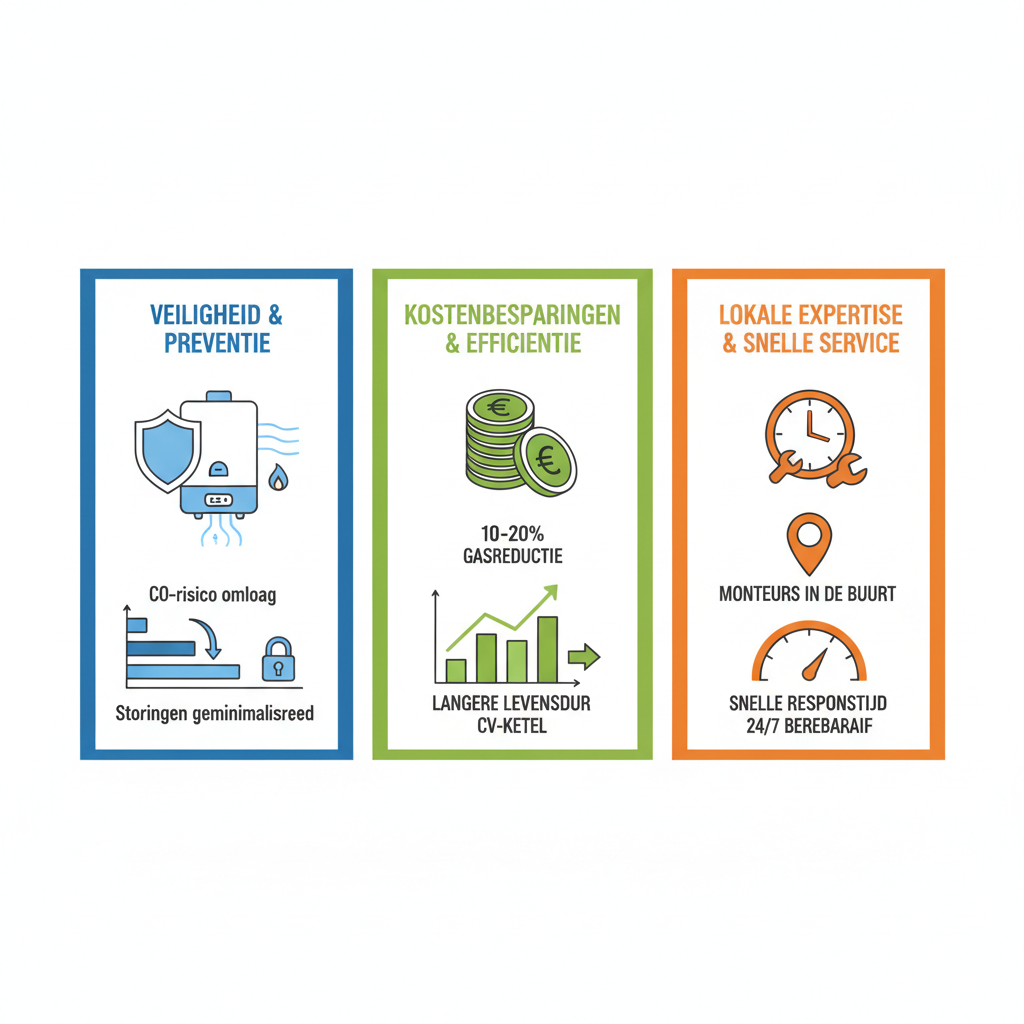 Infographic met voordelen van regelmatig CV-ketel onderhoud in drie kolommen: veiligheid, kostenbesparingen en snelle service