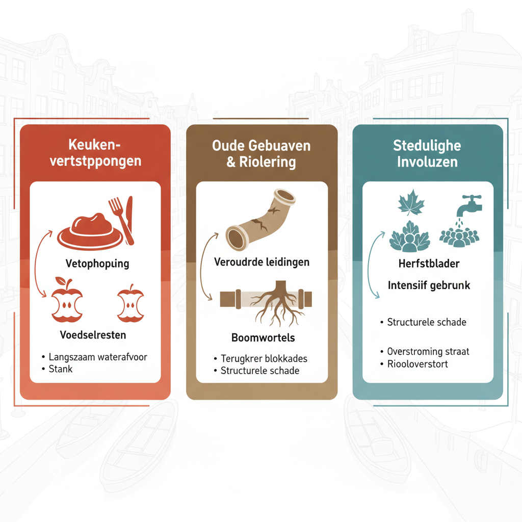 Professionele infographic met drie secties over oorzaken van verstopte afvoeren in Amsterdam, inclusief iconen en labels voor keuken, riolering en stedelijke factoren.