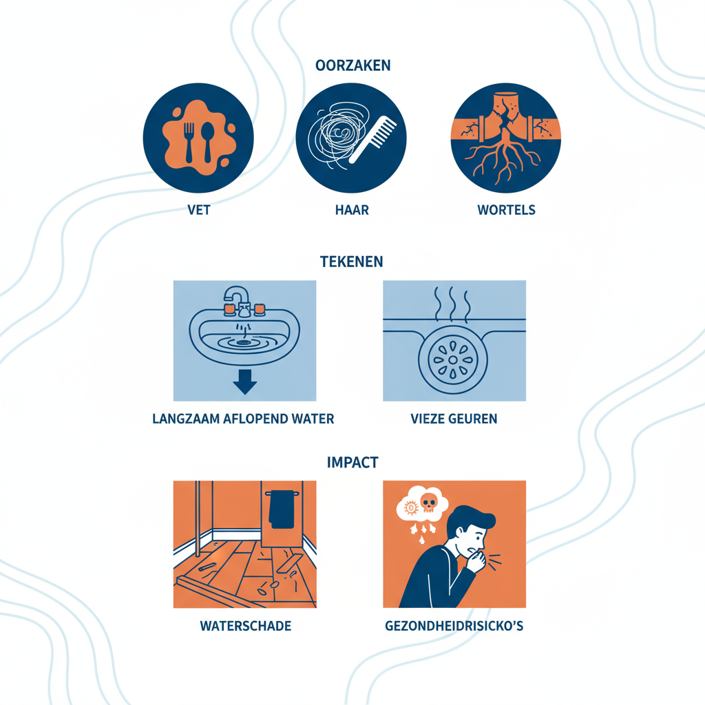 Infographic die oorzaken, tekenen en impact van rioolverstoppingen in Amsterdam illustreert met iconen en illustraties.