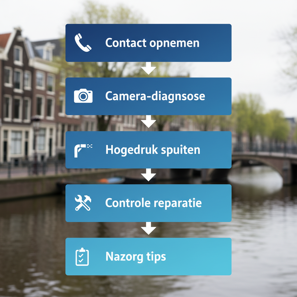 Verticaal processtroomdiagram van vijf stappen voor ontstoppingsdienst met iconen