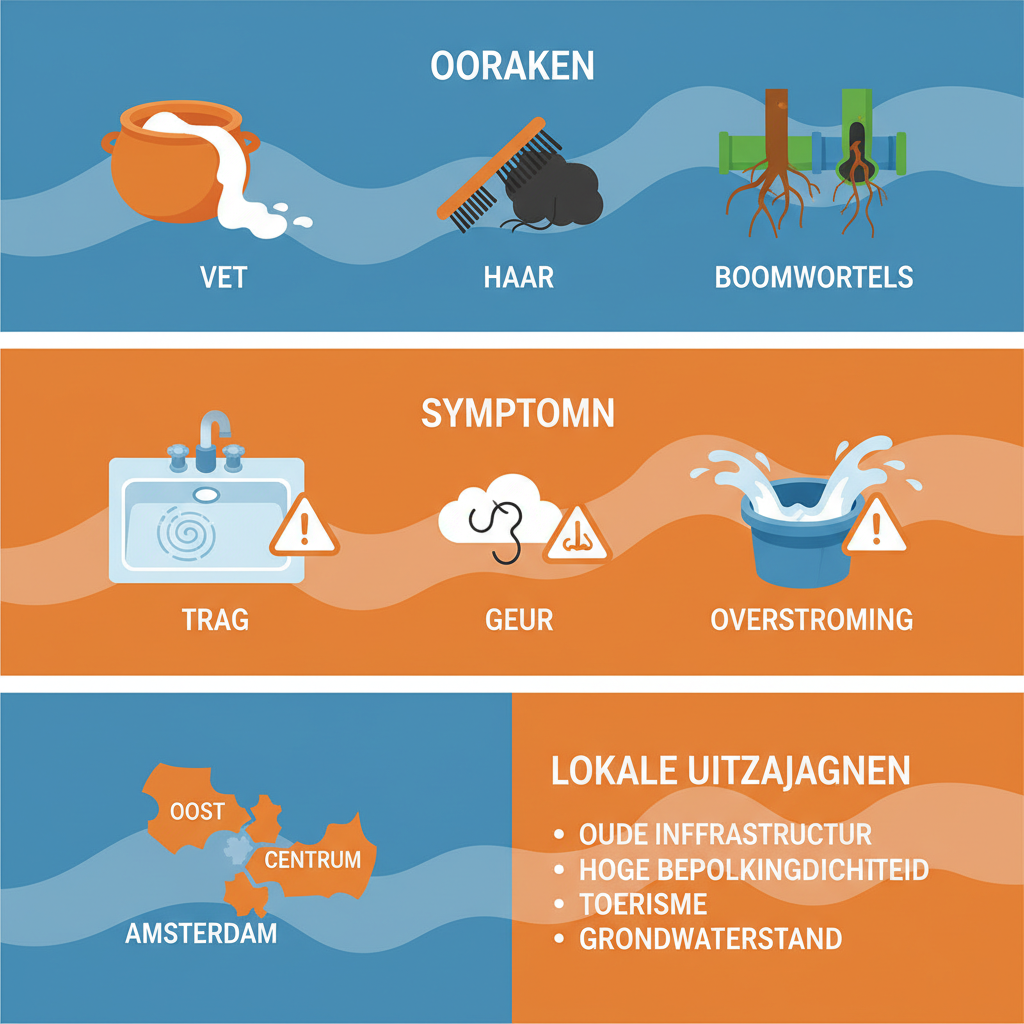 Infographic over oorzaken, symptomen en lokale uitdagingen van verstopte riolen en afvoeren in Amsterdam