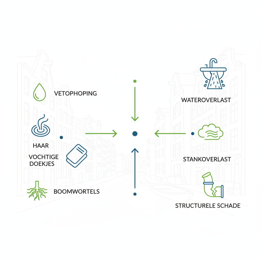 Infografiek over veelvoorkomende oorzaken en gevolgen van verstopte riolen in Amsterdamse huizen met iconen en eenvoudige labels.