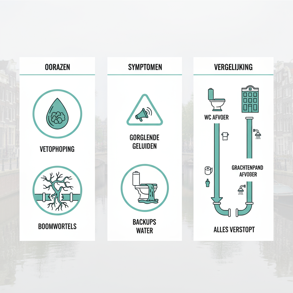 Infographic over oorzaken, symptomen en vergelijking van verstopte riolen in Amsterdam-Zuid met iconen en waarschuwingen
