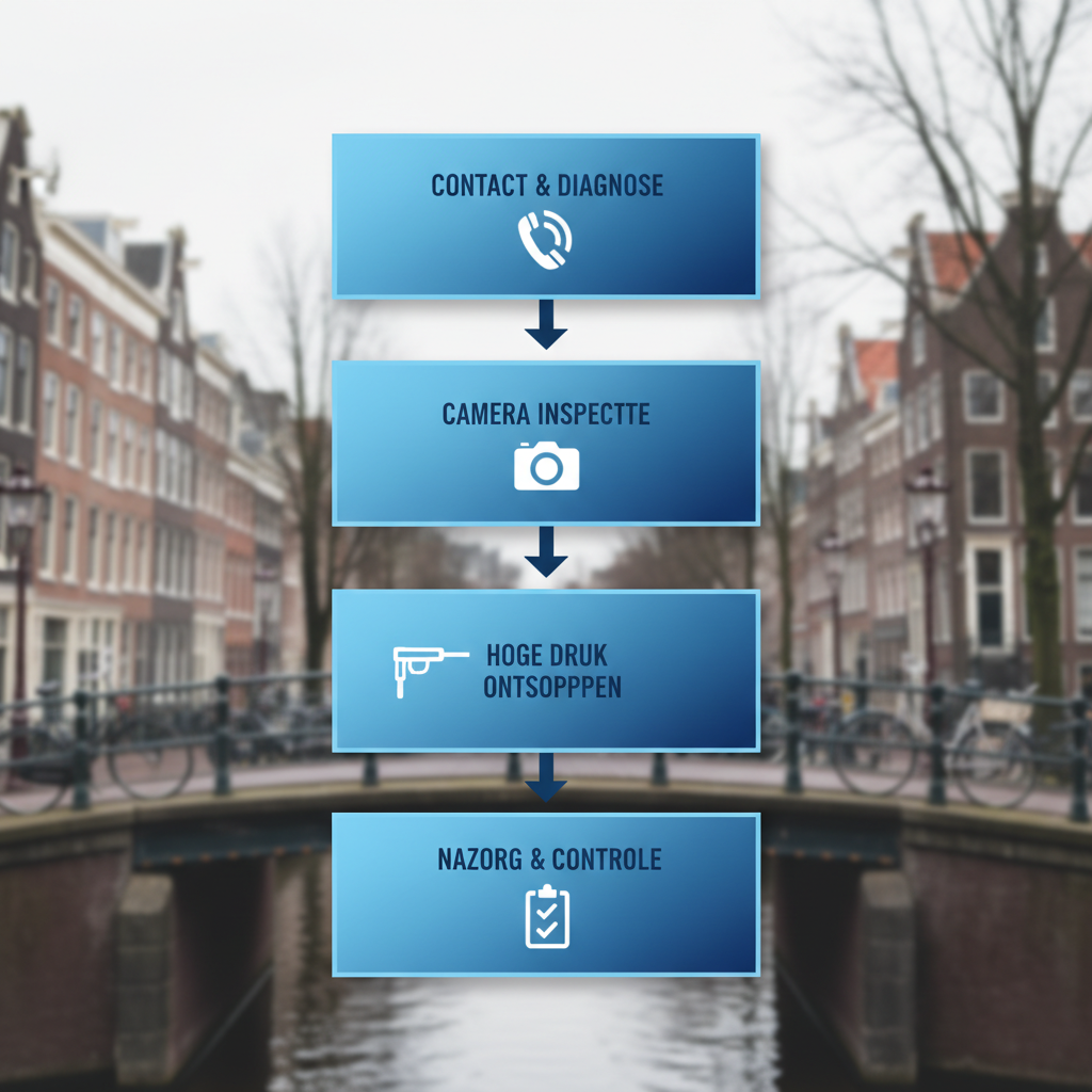 Verticaal processtroomschema voor rioolontstopping in Amsterdam-Zuid met vier stappen en iconen