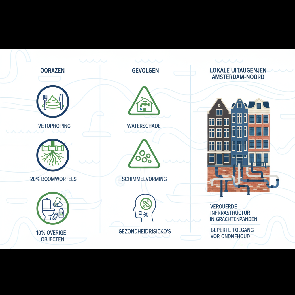 Infographic over oorzaken, gevolgen en lokale uitdagingen van verstopte riolen in Amsterdam-Noord