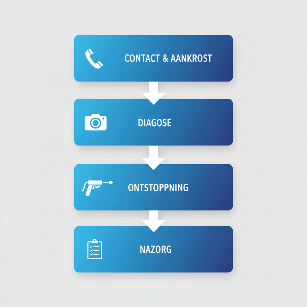 Verticaal procesdiagram van de ontstoppingsdienst in vier fasen: contact, diagnose, ontstopping en nazorg