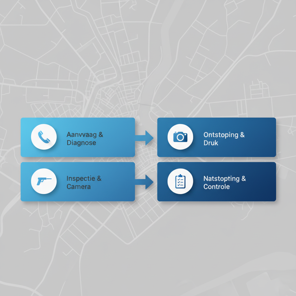 Horizontaal processtroomdiagram met vier stappen voor professionele afvoerontstopping in Amsterdam-Noord