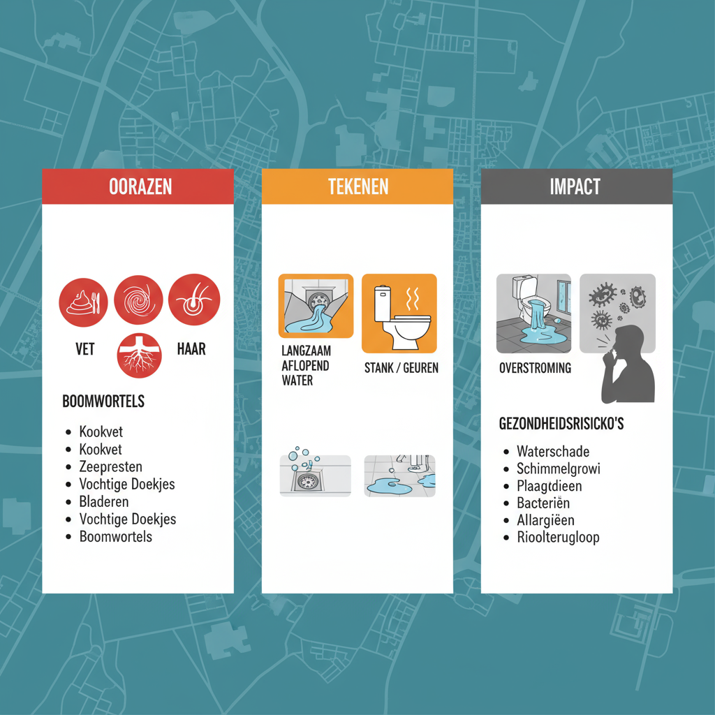 Infographic over oorzaken, tekenen en impact van verstopte afvoeren in Amsterdam-Noord met iconen en korte beschrijvingen