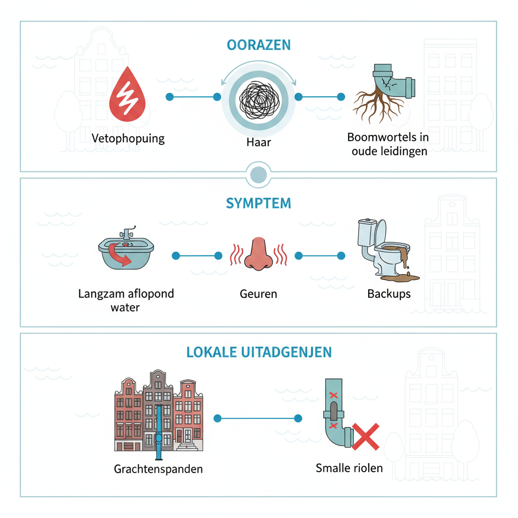 Infographic met oorzaken, symptomen en uitdagingen van verstopte afvoeren in Amsterdam-Zuid