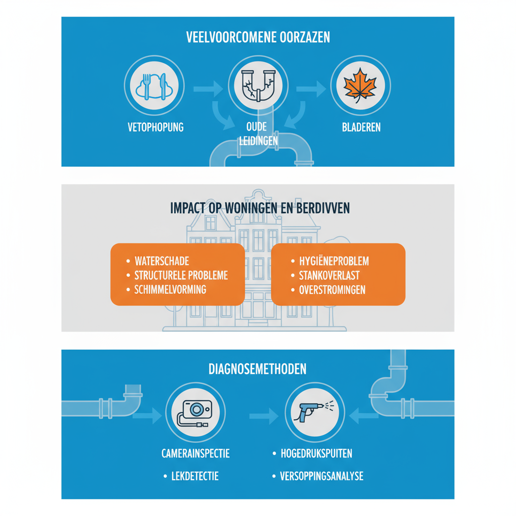 Infographic met oorzaken, impact en diagnosemethoden van loodgietersproblemen in Amsterdam-Oost