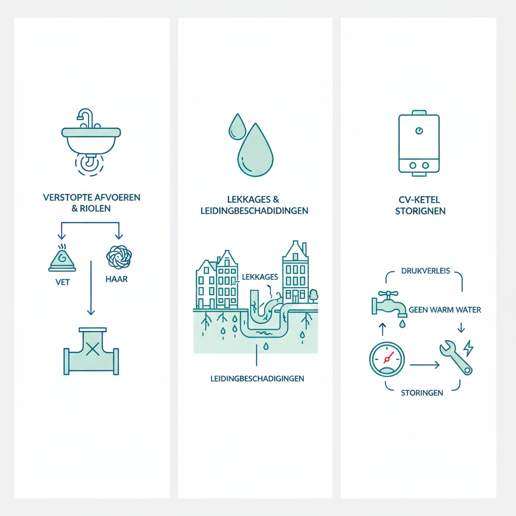 Infographic met drie secties over veelvoorkomende loodgietersproblemen in Amsterdam-Zuid: verstopte afvoeren, lekkages en CV-ketel storingen, met iconen en eenvoudige diagrammen in blauw-groene tonen.