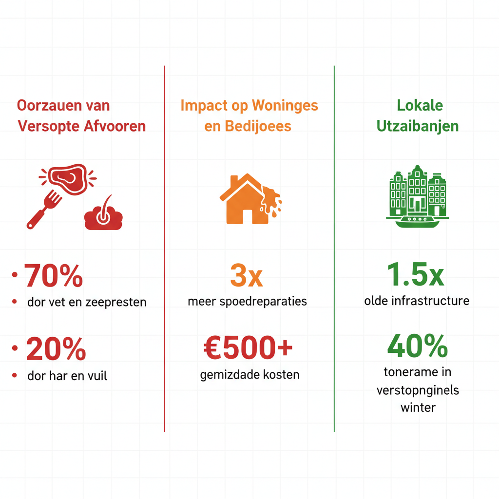 Infographic met drie kolommen over oorzaken, impact en lokale uitdagingen van loodgietersproblemen in Amsterdam-Noord