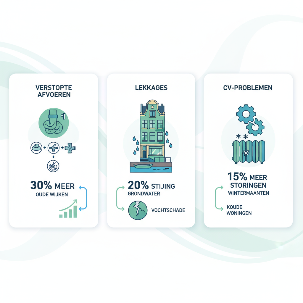 Infographic met veelvoorkomende loodgietersproblemen in Amsterdam-Noord, inclusief verstopte afvoeren, lekkages en CV-storingen met statistieken.