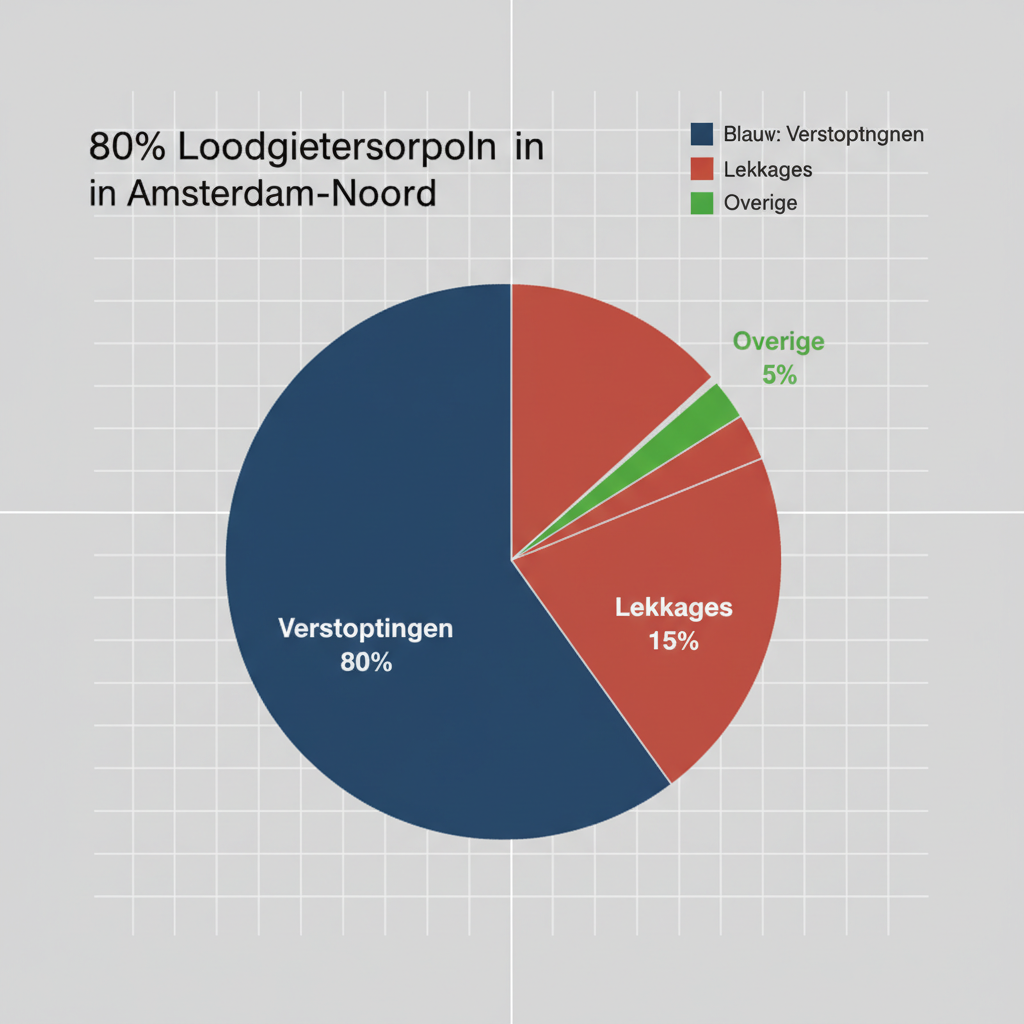 Taartdiagram van veelvoorkomende loodgietersproblemen in Amsterdam-Noord: 80% verstoppingen, 15% lekkages en 5% andere issues