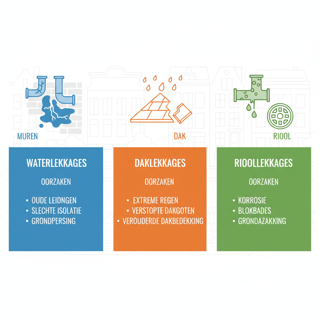 Infographic met drie secties over types lekkages en oorzaken in Amsterdam-Oost, inclusief water-, dak- en rioollekkages met iconen en bulletpoints.