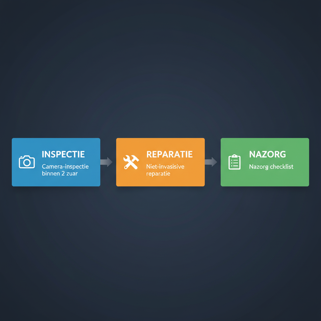 Horizontaal procesdiagram voor lekkage detectie en reparatie met drie stappen: inspectie, reparatie en nazorg