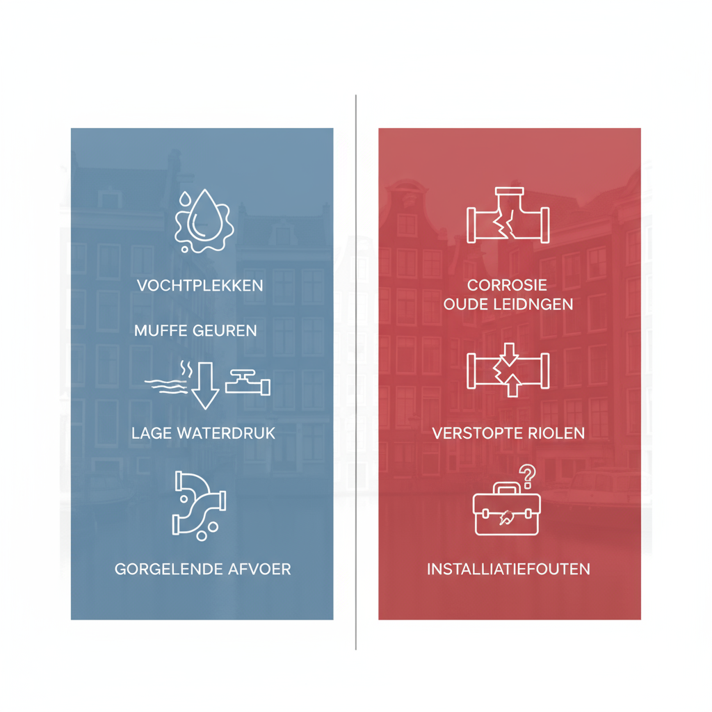 Professionele infographic over tekenen en oorzaken van lekkages in Amsterdamse woningen met iconen en uitleg