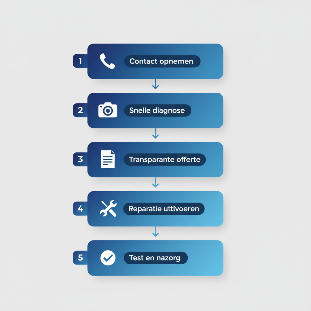 Verticaal procesdiagram van vijf stappen voor CV ketel reparatie in Amsterdam met iconen en pijlen