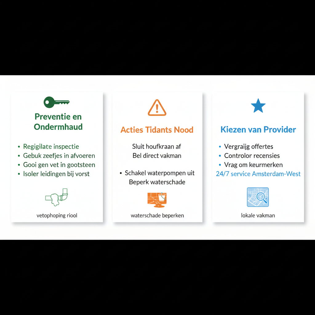 Infographic met drie kolommen over beste praktijken voor loodgiernoodgevallen in Amsterdam-West