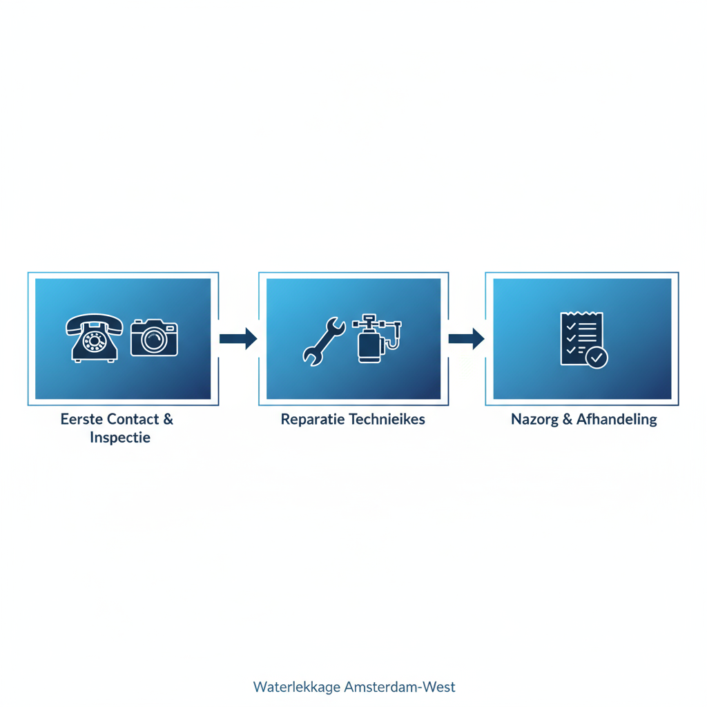 Horizontaal processtroomdiagram voor waterlekkage reparatie met drie stappen en iconen