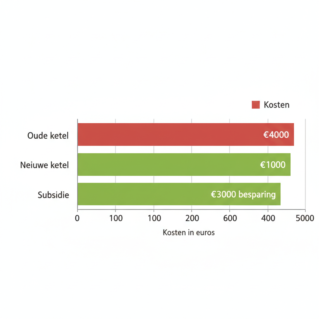 Horizontaal staafdiagram dat kostenbesparingen van CV-ketelvervanging vergelijkt, met staven voor oude ketel, nieuwe ketel en subsidie in euro's.
