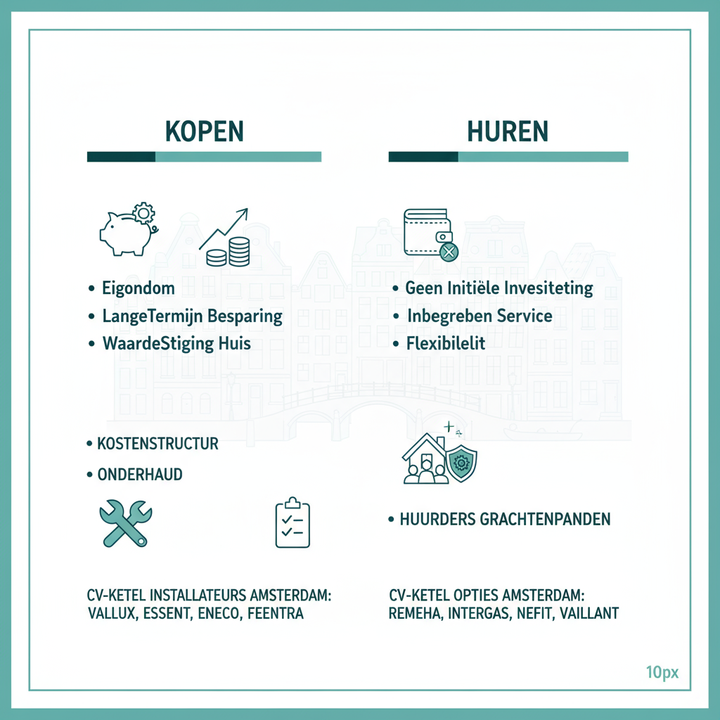 Infographic met vergelijking van kopen en huren van CV-ketels in Amsterdam, met iconen voor voordelen en opties