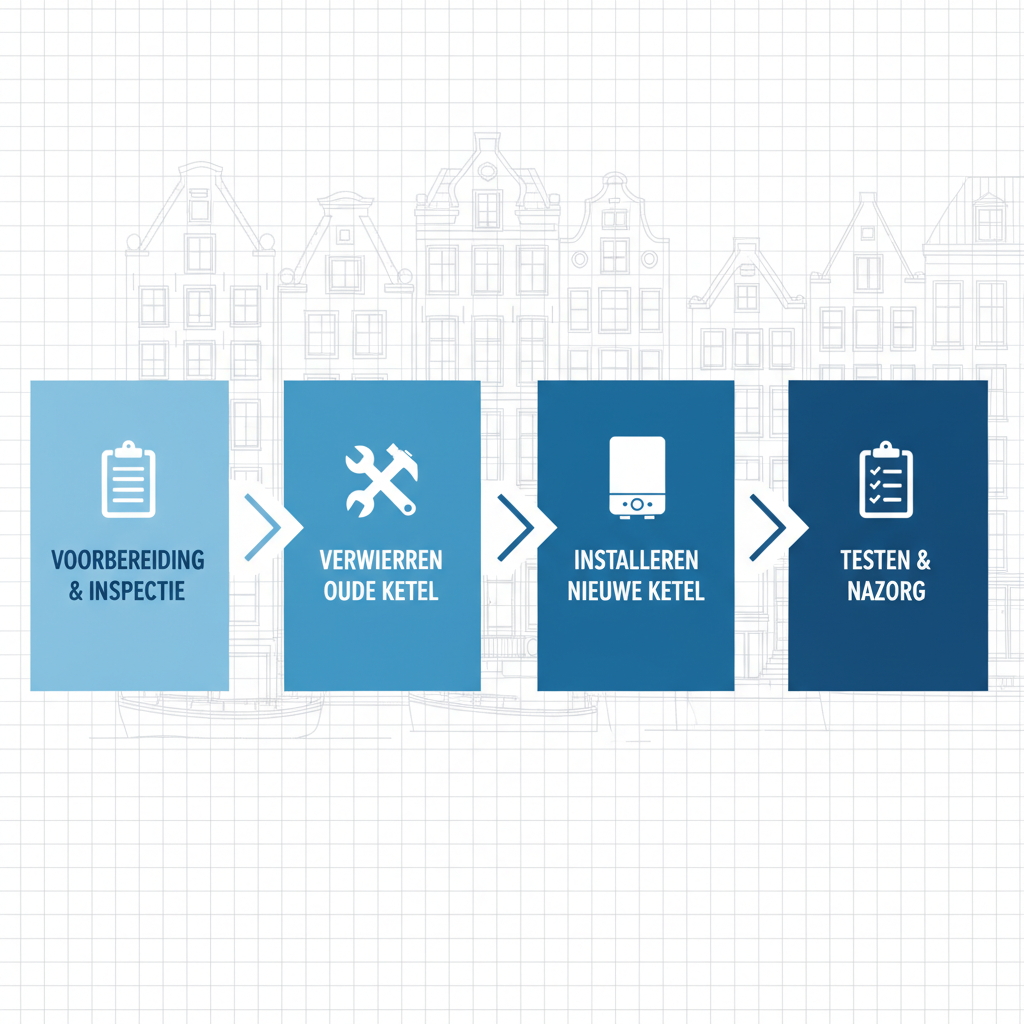 Horizontaal processtroomdiagram met vier stappen voor de installatie van een CV-ketel in Amsterdamse huizen, inclusief voorbereiding, verwijdering, installatie en testen.