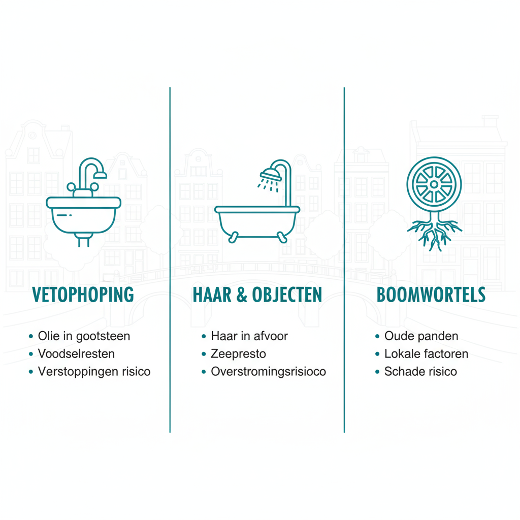 Infographic met drie kolommen over oorzaken van verstopte afvoeren: vetophoping, haar en objecten, en boomwortels in riolen.