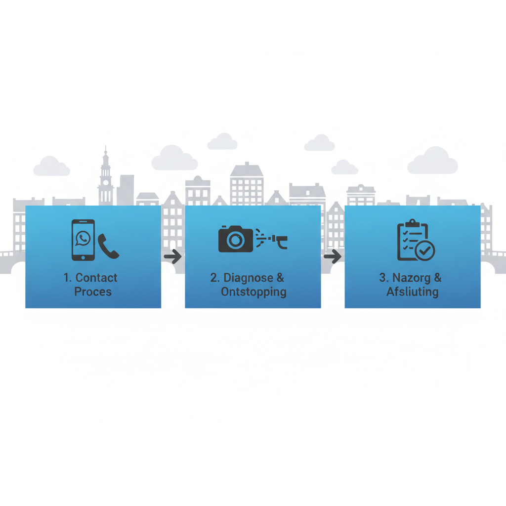 Horizontaal procesdiagram van drie stappen voor ontstoppingsdienst in Amsterdam met contact, diagnose en nazorg.