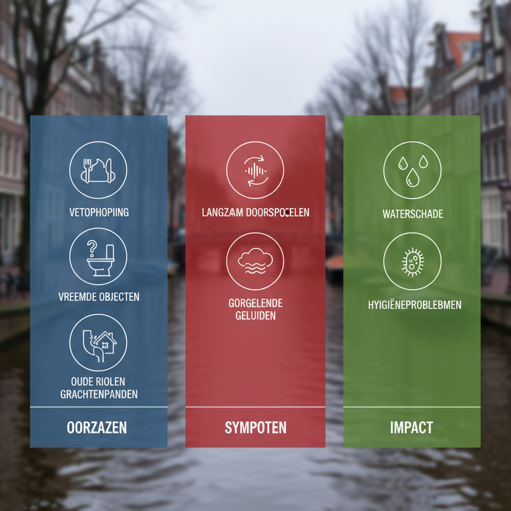 Infographic met drie kolommen over oorzaken, symptomen en gevolgen van verstopte WC's in Amsterdam