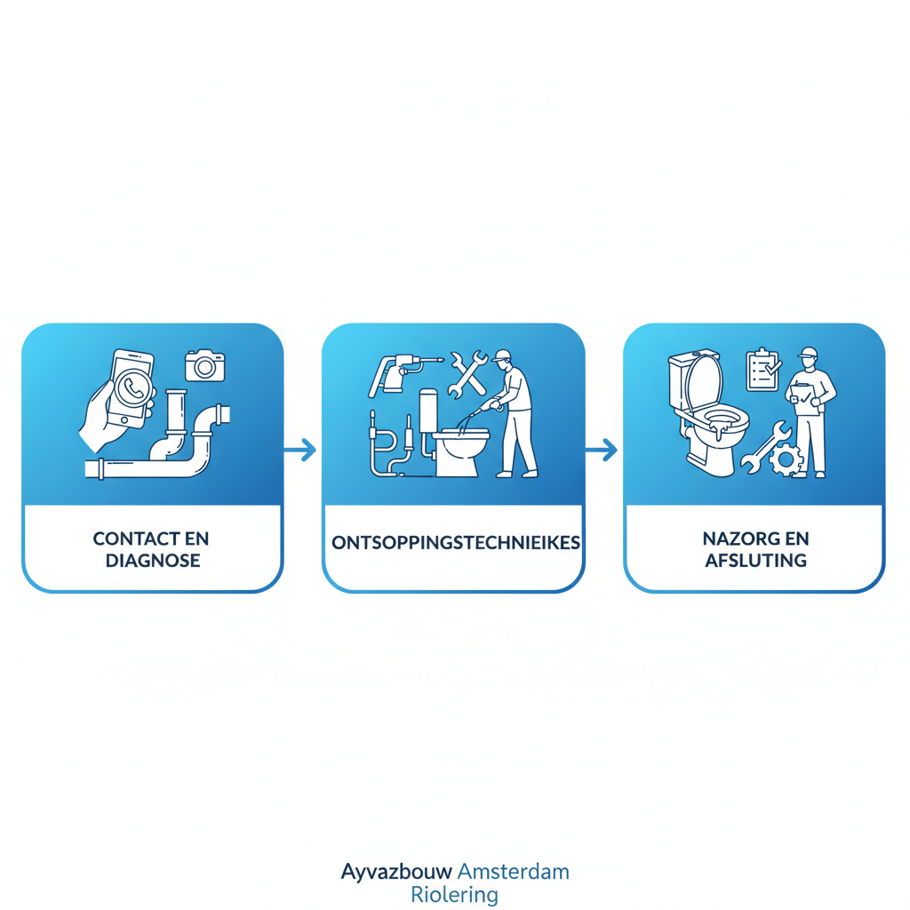Horizontaal procesdiagram met drie stappen voor WC ontstoppen: contact en diagnose, ontstoppingstechnieken en nazorg bij Ayvazbouw in Amsterdam
