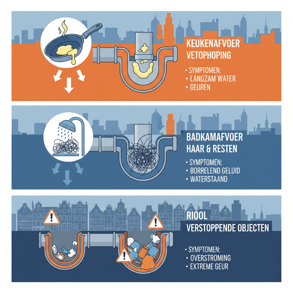 Infographic over oorzaken en herkenning van verstopte afvoeren in Amsterdam-West met drie secties: vetophoping, haar en resten, en objecten in riolen.