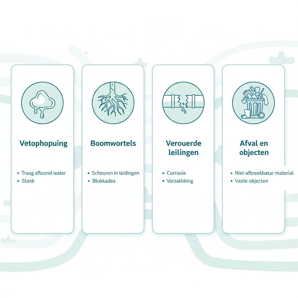 Infographic over oorzaken en herkenning van verstopte riolen in Amsterdam-West met iconen voor vetophoping, boomwortels, verouderde leidingen en afval