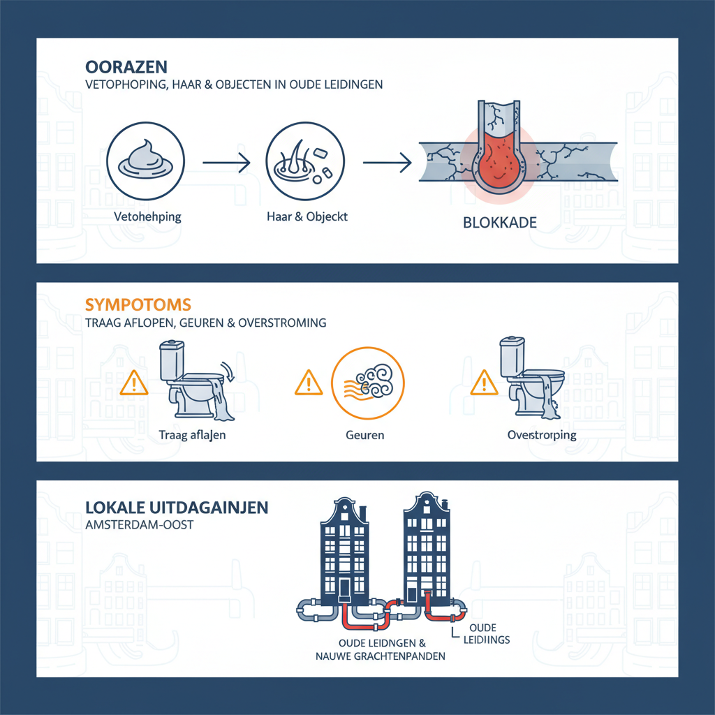 Infographic met oorzaken, symptomen en lokale uitdagingen van verstopte WC en riolering in Amsterdam-Oost