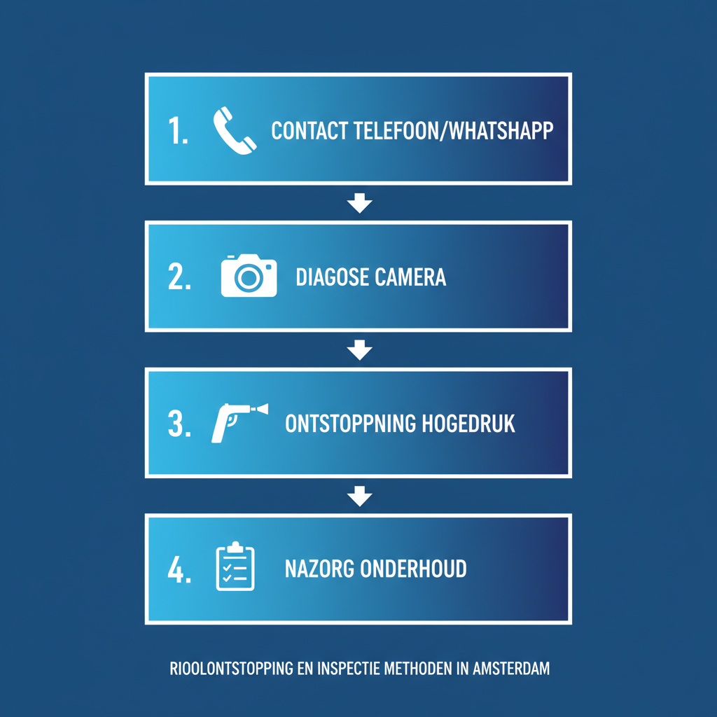 Verticaal procesdiagram van loodgieterdiensten voor verstoppingen in Amsterdam-Oost met vier stappen
