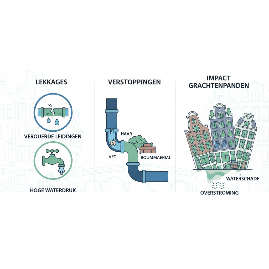 Infographic over veelvoorkomende loodgietersproblemen in Amsterdam met oorzaken van lekkages, verstoppingen en impact op grachtenpanden