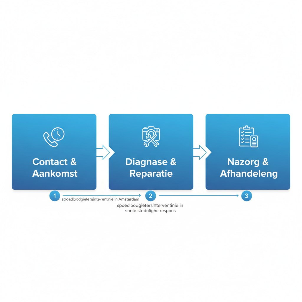 Horizontaal procesflow diagram met drie verbonden stappen voor spoedloodgietersinterventie in Amsterdam, inclusief contact, diagnose en nazorg.