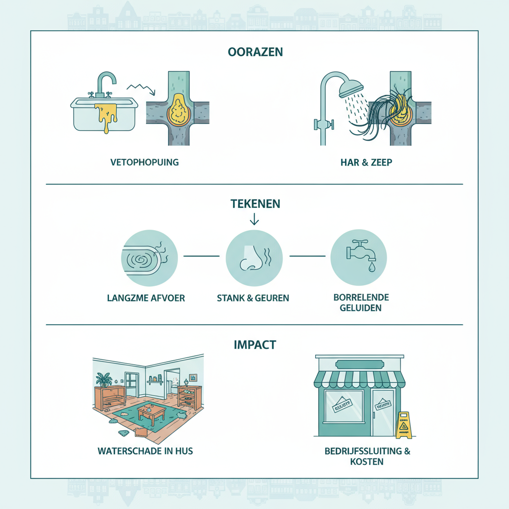 Infographic met drie secties over het herkennen van afvoerproblemen in Amsterdam, inclusief oorzaken, tekenen en impact