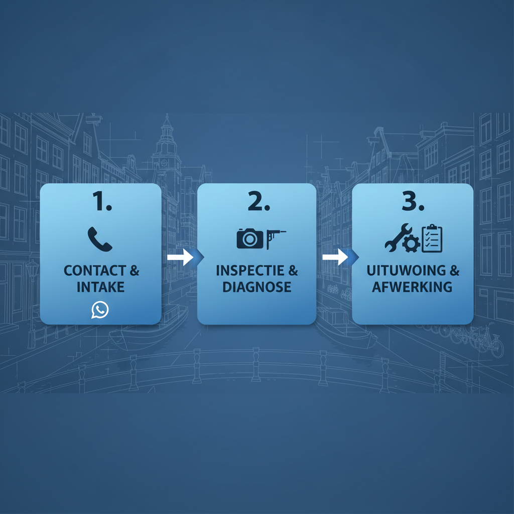 Horizontaal processtroomdiagram voor spoedloodgietershulp in Amsterdam met drie stappen inclusief iconen en blauwe gradiënten