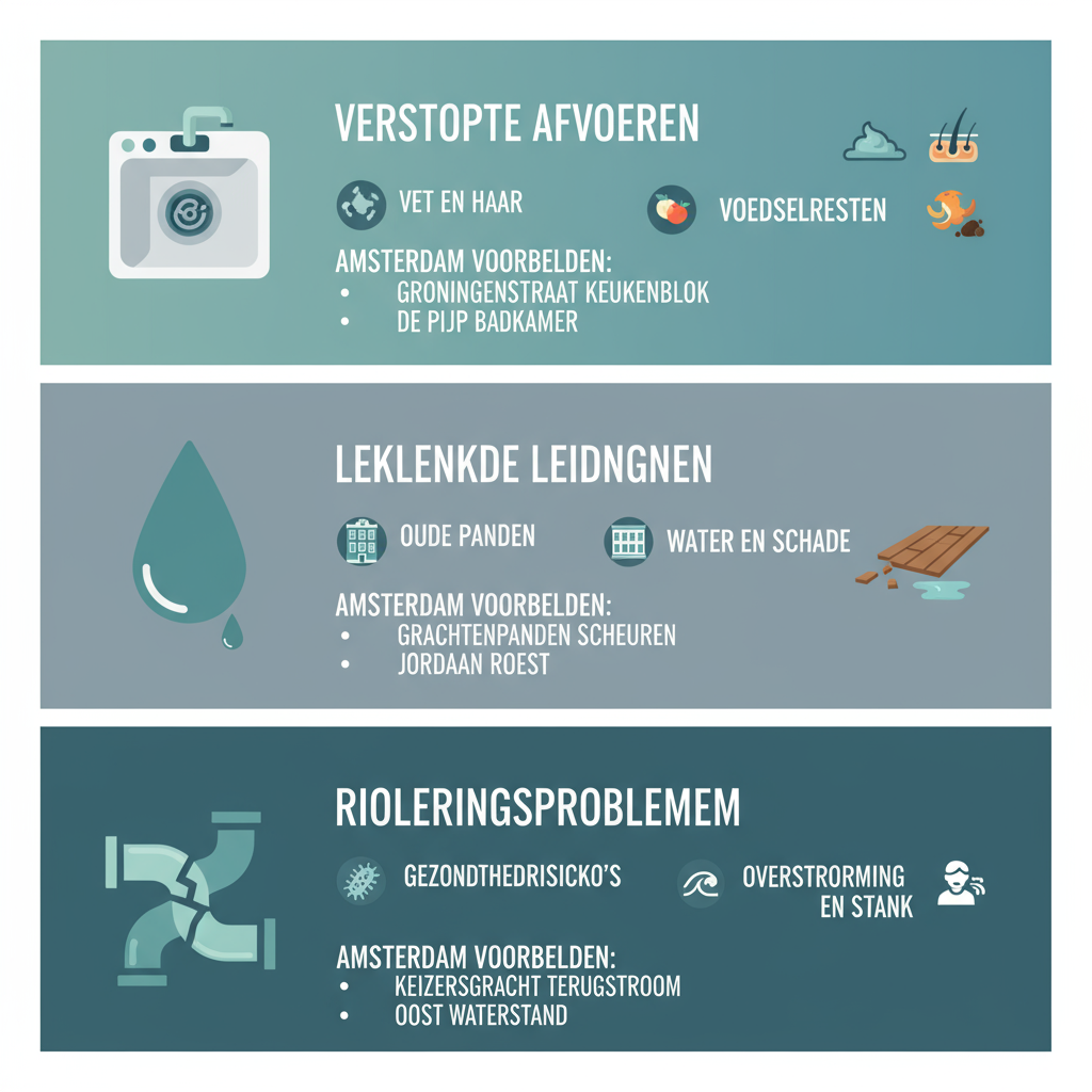 Infographic over veelvoorkomende spoed loodgietersproblemen in Amsterdam met iconen voor verstopte afvoeren, lekkende leidingen en rioleringsproblemen.