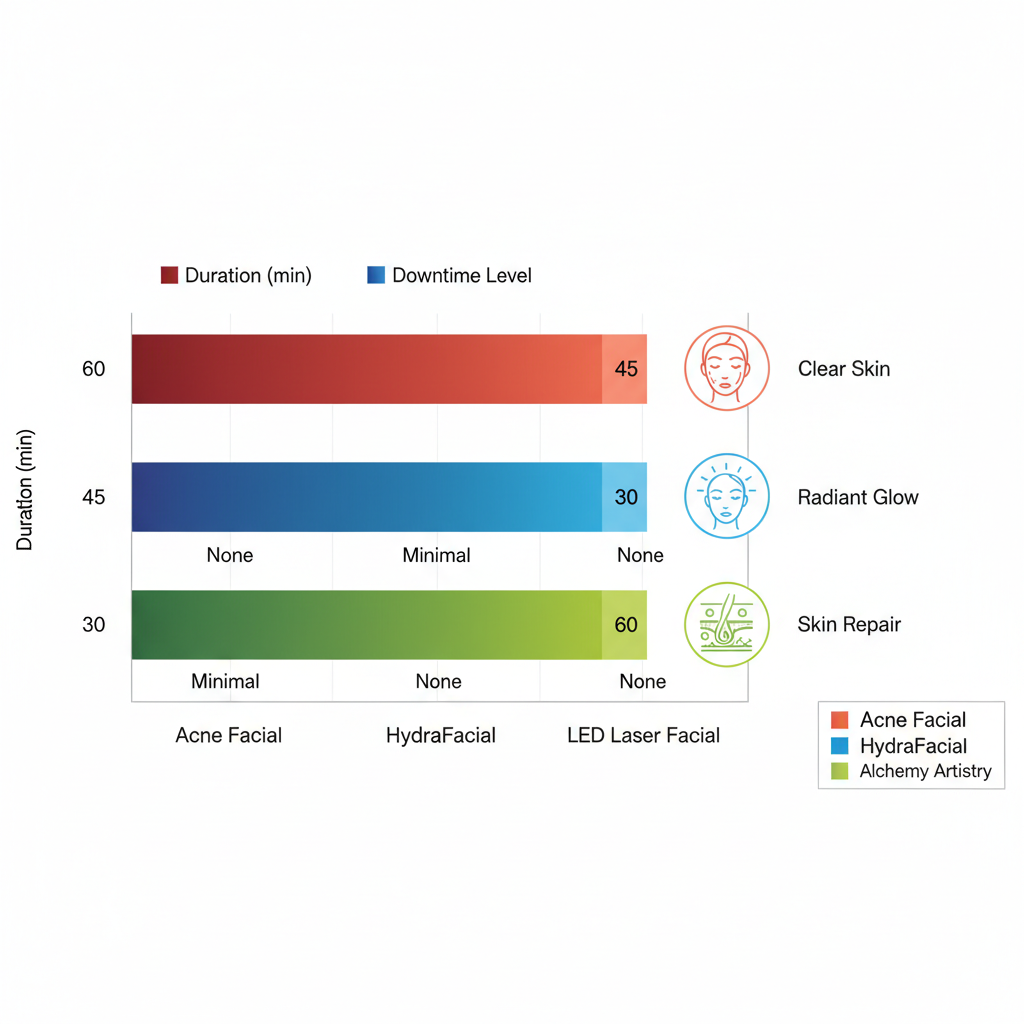Horizontal bar chart comparing durations and downtime of Acne Facial, HydraFacial, and LED Laser Facial treatments at Alchemy Artistry
