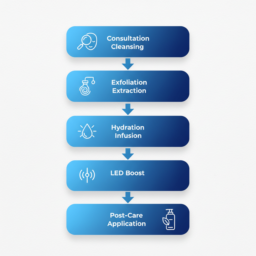 Step-by-step diagram of HydraFacial treatment process including consultation, exfoliation, hydration, LED boost, and post-care