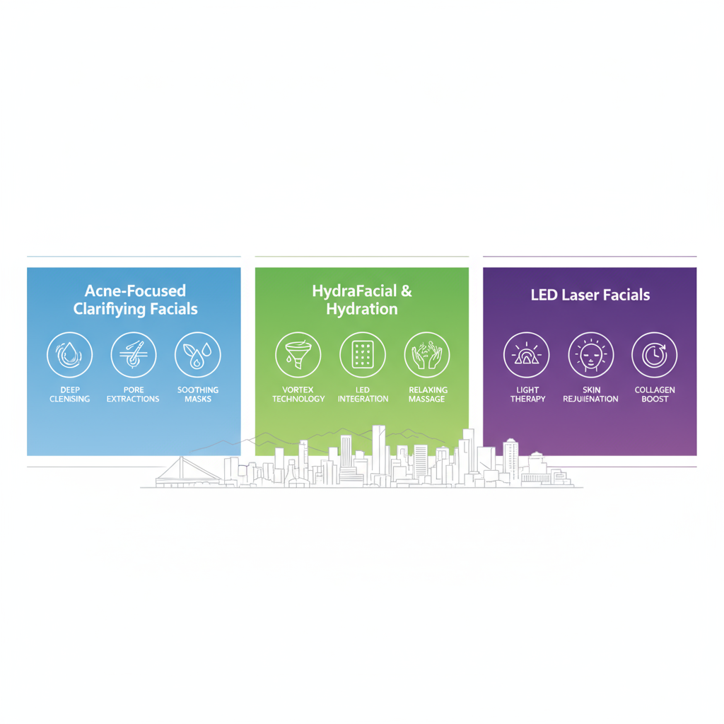 Infographic illustrating key facial treatment types in Vancouver: acne facials, HydraFacial, and LED laser facials with icons and benefits.