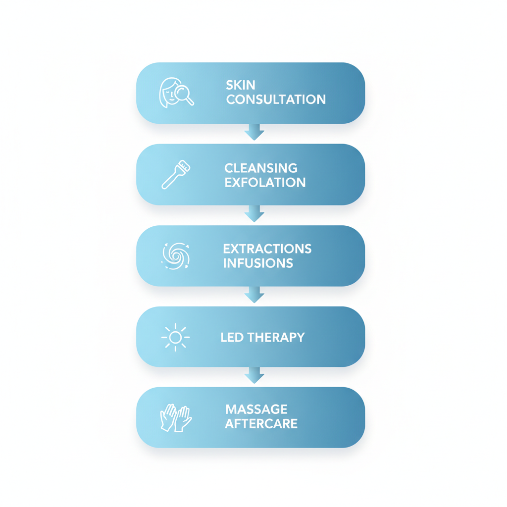 Vertical process flow diagram of five-step facial treatment process at Alchemy Artistry in Vancouver, featuring consultation, cleansing, extractions, LED therapy, and massage.