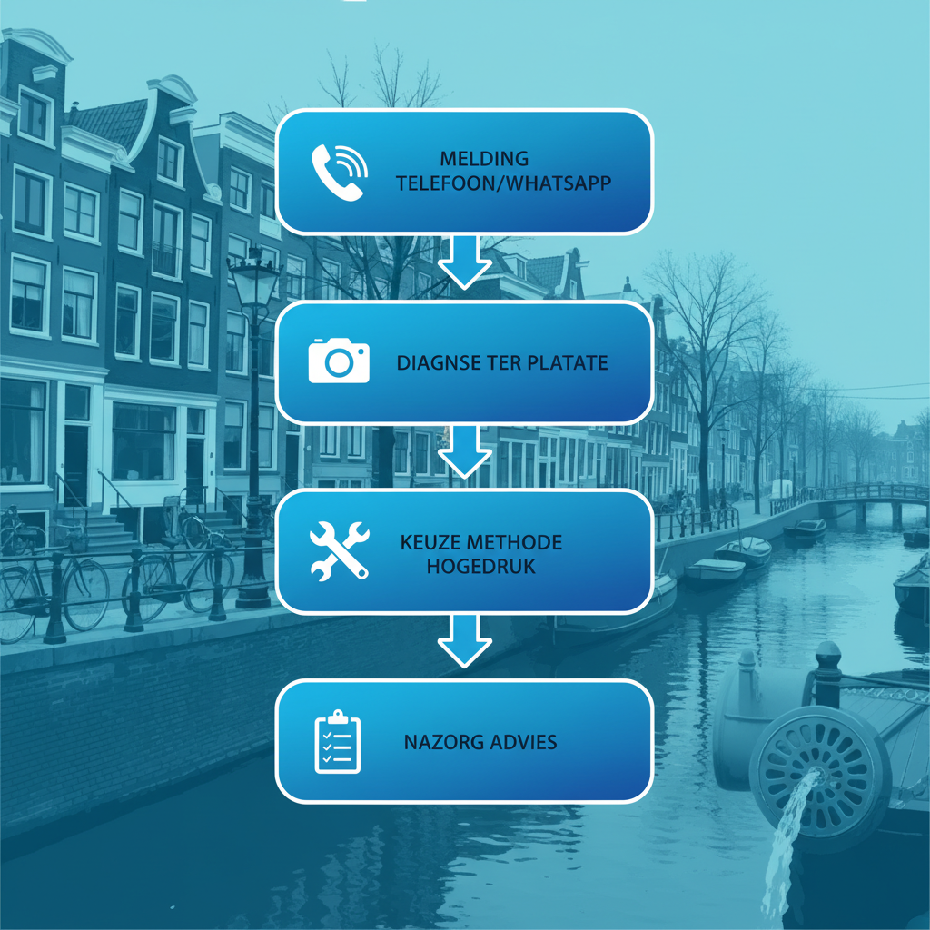 Verticaal processtroomdiagram voor ontstopping van riolering met vijf stappen en iconen