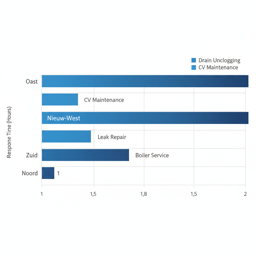 Staafdiagram vergelijkend responstijden en problemen voor loodgieters in Amsterdamse wijken Oost, Nieuw-West, Zuid en Noord