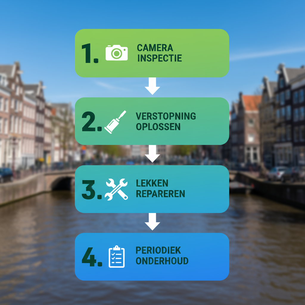 Verticaal processtroomdiagram van vier loodgietersdienstenstappen in Amsterdam met iconen voor inspectie, ontstopping, reparatie en onderhoud