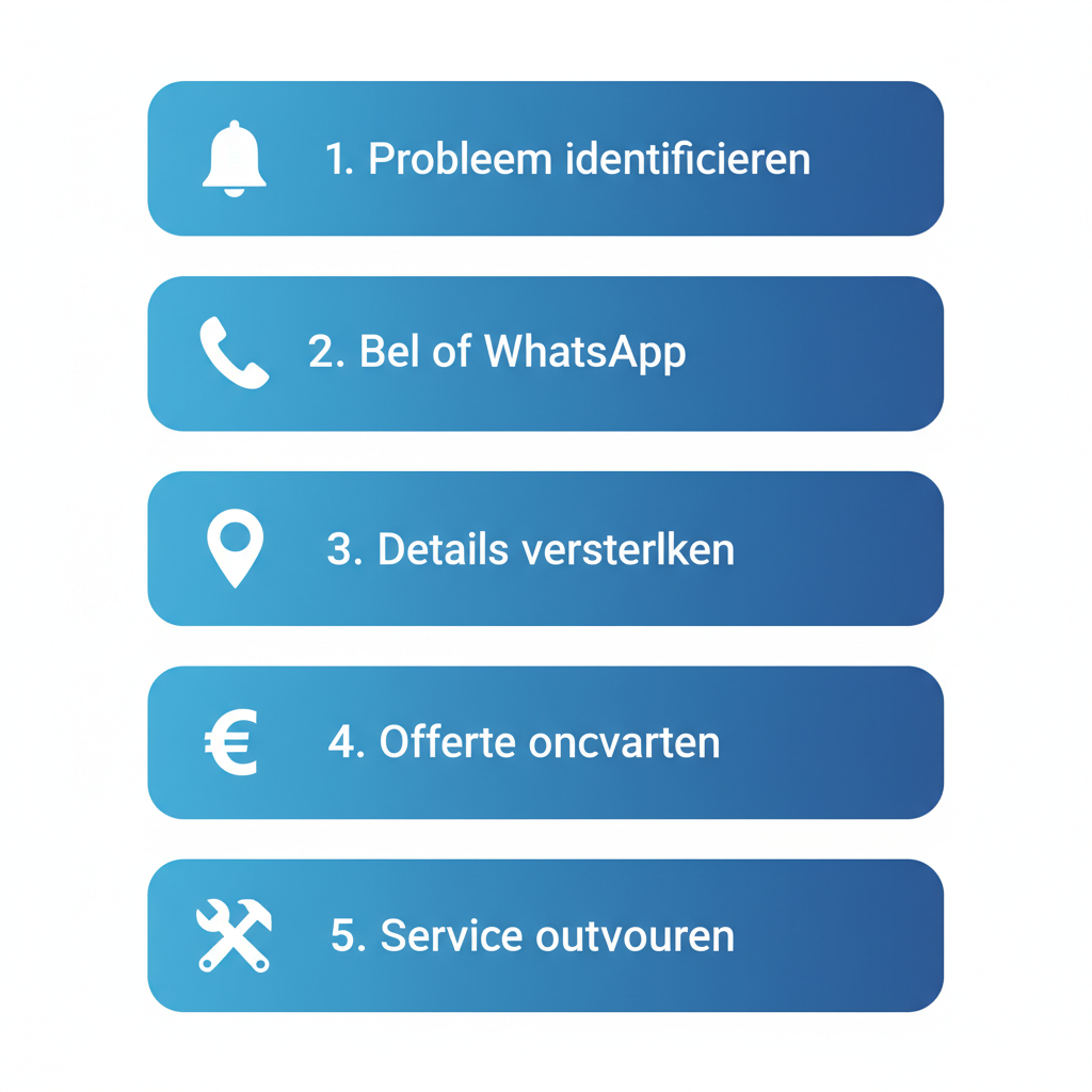 Verticaal processtroomdiagram met vijf stappen voor het contacteren van een loodgieter in Amsterdam